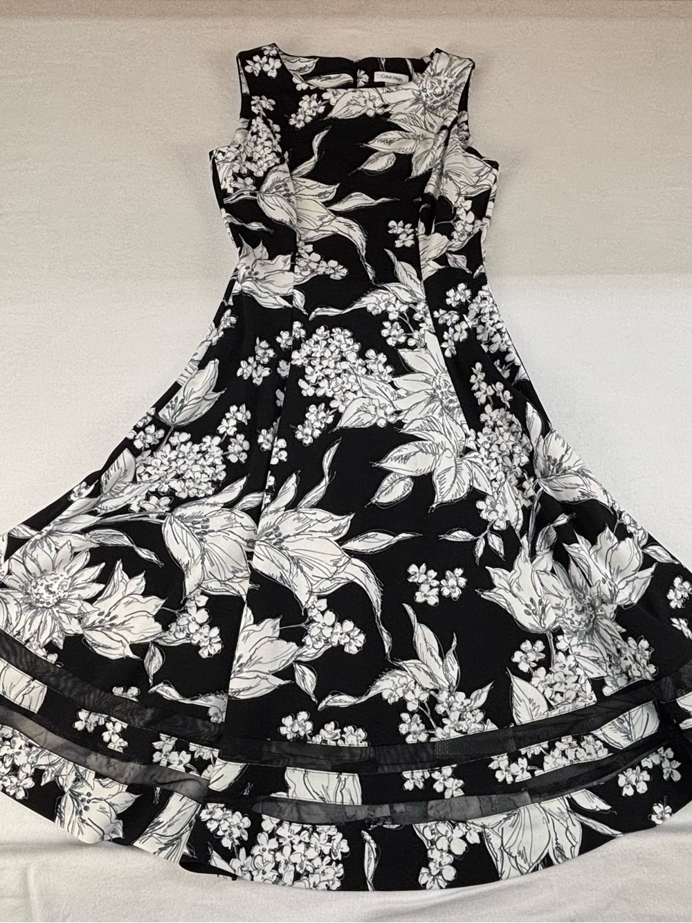 Calvin Klein Black and White Floral Fit-and-Flare Dress